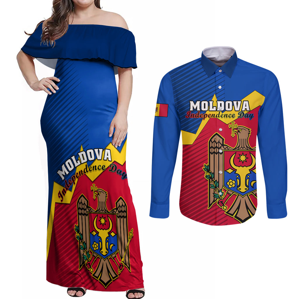 personalised-moldova-independence-day-couples-matching-off-shoulder-maxi-dress-and-long-sleeve-button-shirts-coat-of-arms-special-version