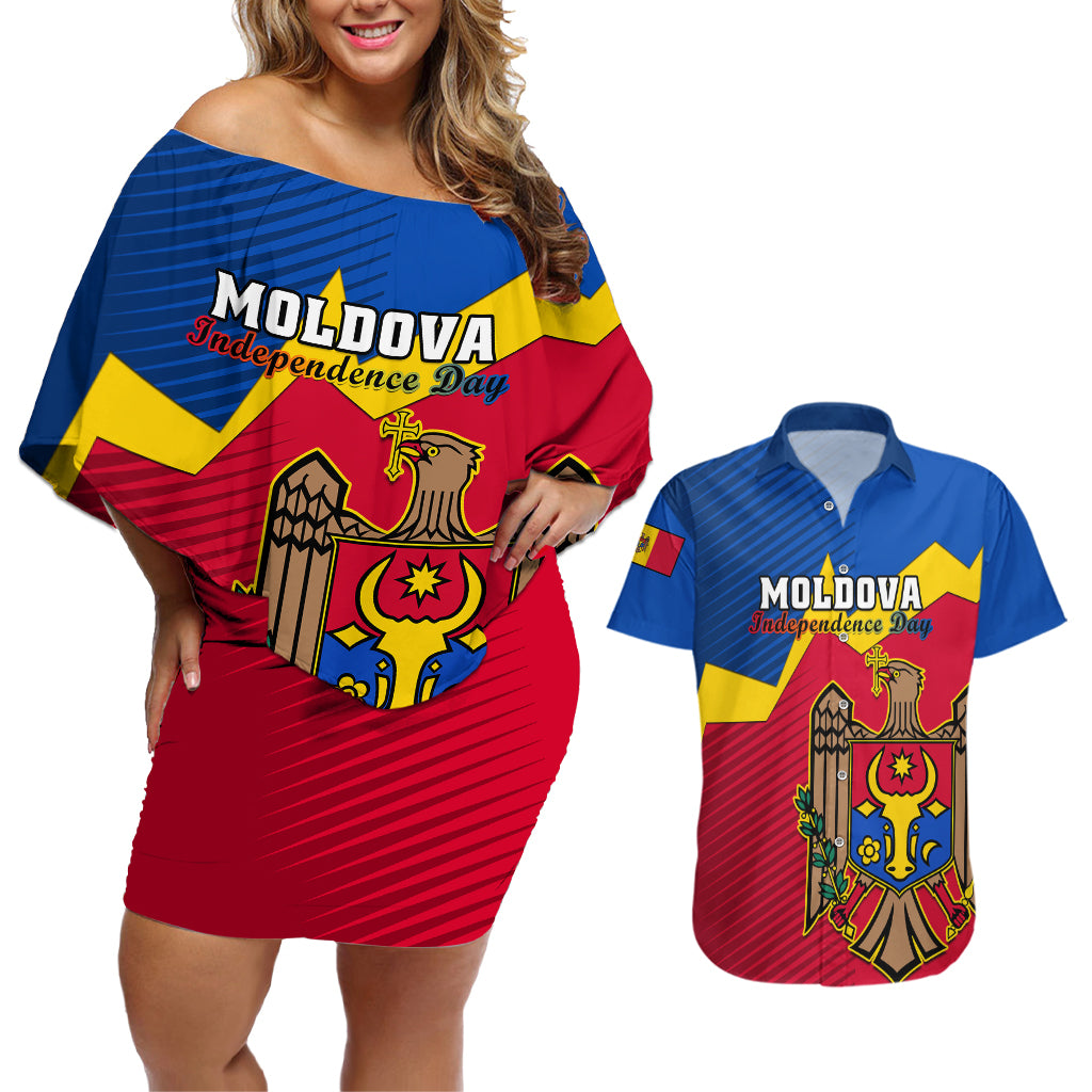 personalised-moldova-independence-day-couples-matching-off-shoulder-short-dress-and-hawaiian-shirt-coat-of-arms-special-version