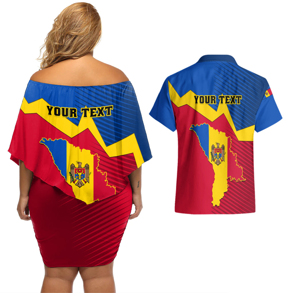 Personalised Moldova Independence Day Couples Matching Off Shoulder Short Dress and Hawaiian Shirt Coat of Arms Special Version - Wonder Print Shop