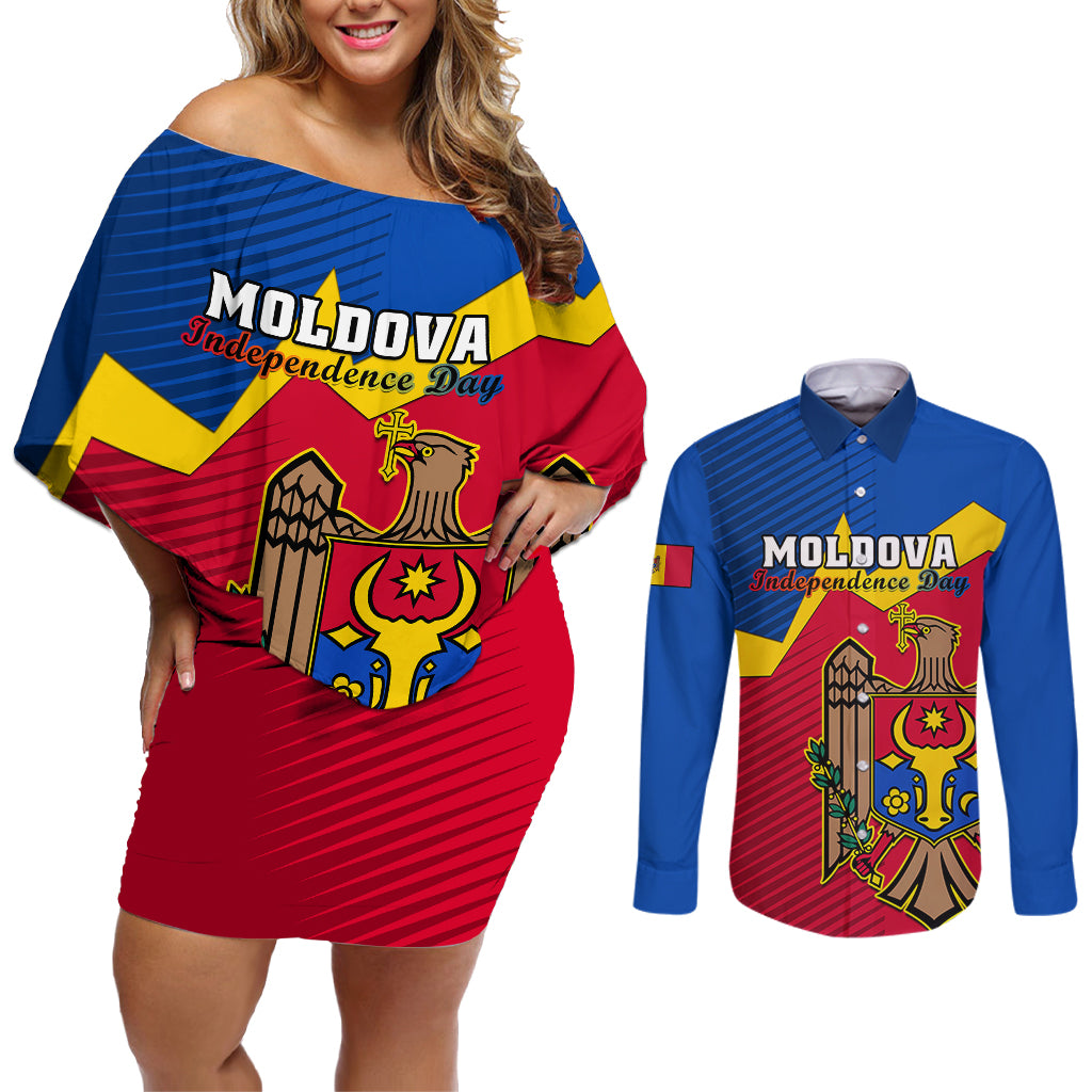 personalised-moldova-independence-day-couples-matching-off-shoulder-short-dress-and-long-sleeve-button-shirts-coat-of-arms-special-version