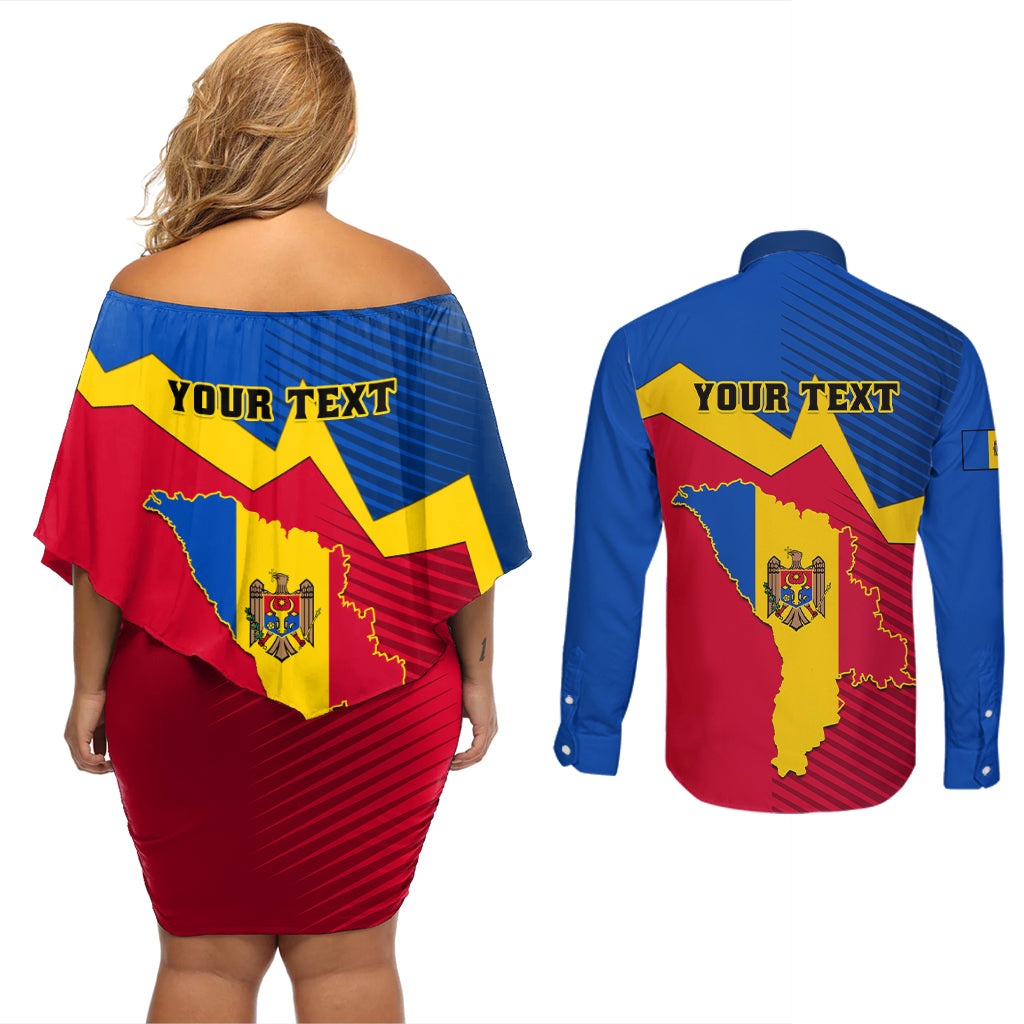 Personalised Moldova Independence Day Couples Matching Off Shoulder Short Dress and Long Sleeve Button Shirts Coat of Arms Special Version - Wonder Print Shop