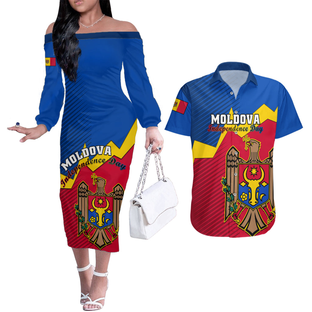 personalised-moldova-independence-day-couples-matching-off-the-shoulder-long-sleeve-dress-and-hawaiian-shirt-coat-of-arms-special-version