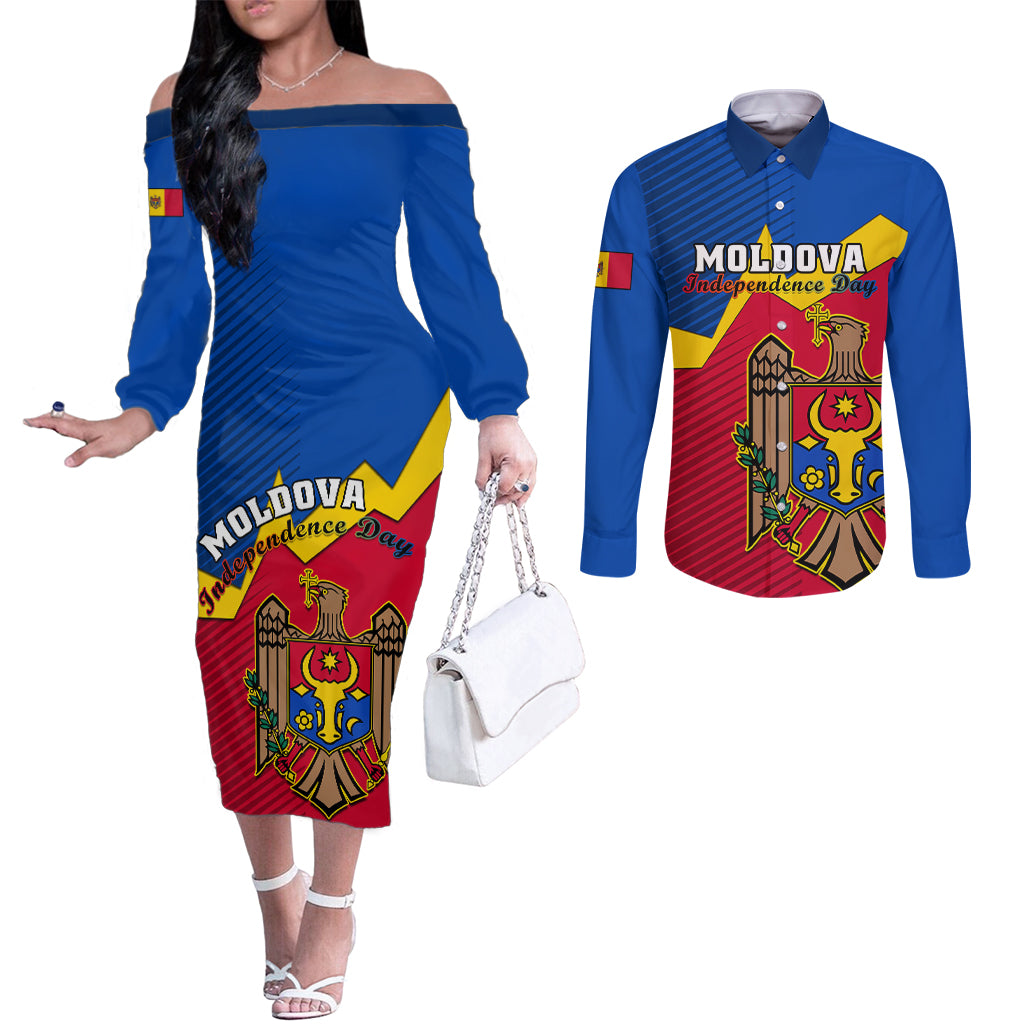 personalised-moldova-independence-day-couples-matching-off-the-shoulder-long-sleeve-dress-and-long-sleeve-button-shirts-coat-of-arms-special-version