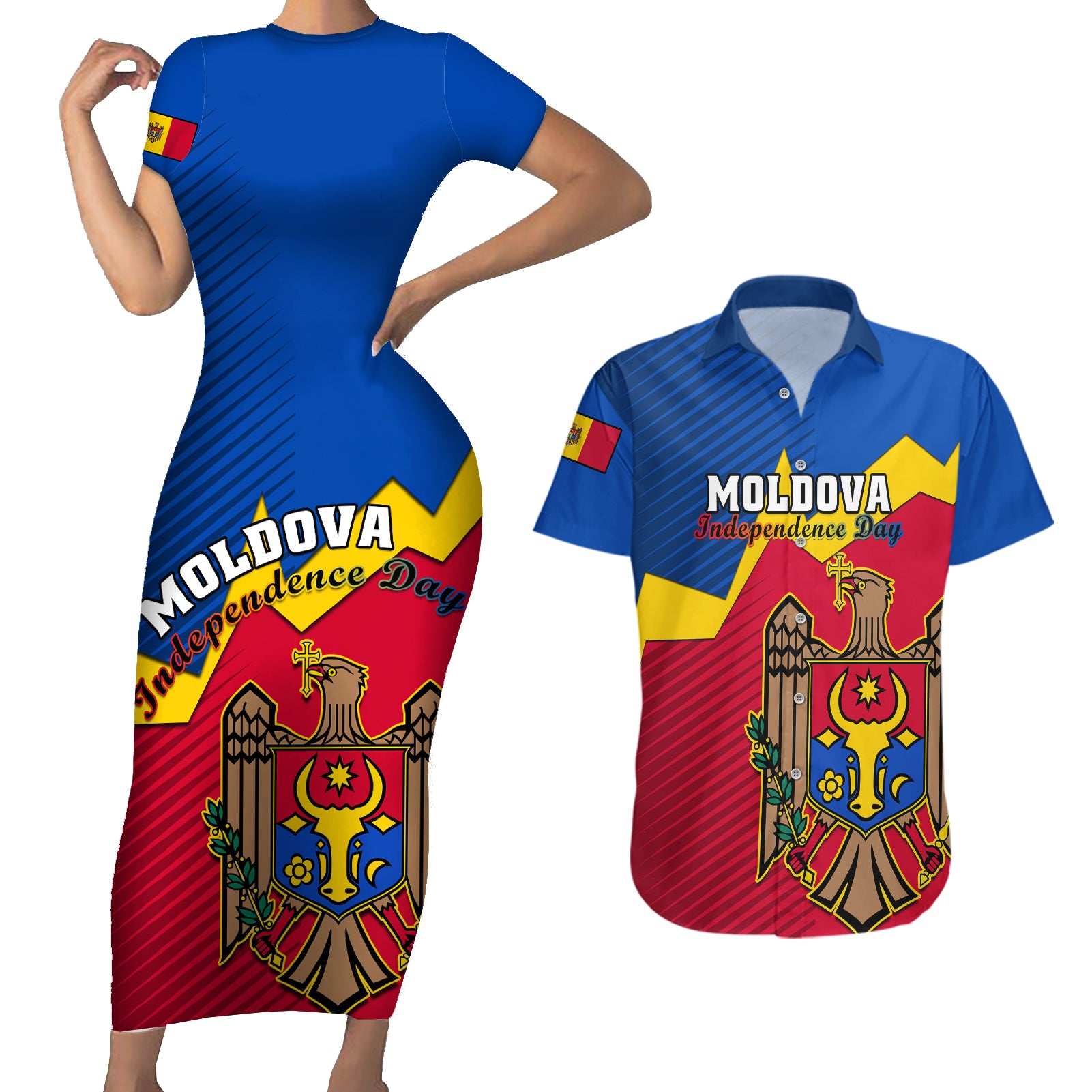 personalised-moldova-independence-day-couples-matching-short-sleeve-bodycon-dress-and-hawaiian-shirt-coat-of-arms-special-version