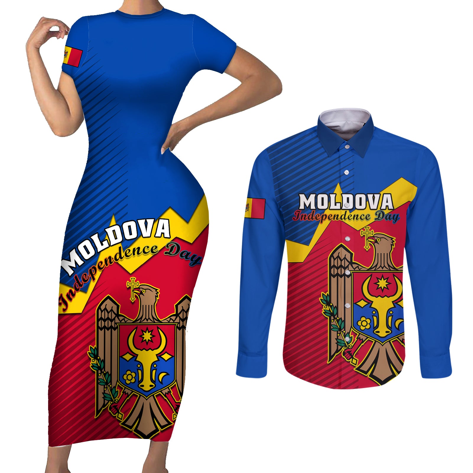 personalised-moldova-independence-day-couples-matching-short-sleeve-bodycon-dress-and-long-sleeve-button-shirts-coat-of-arms-special-version