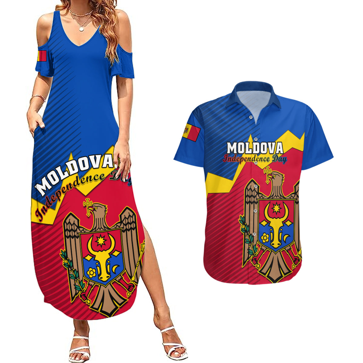 personalised-moldova-independence-day-couples-matching-summer-maxi-dress-and-hawaiian-shirt-coat-of-arms-special-version