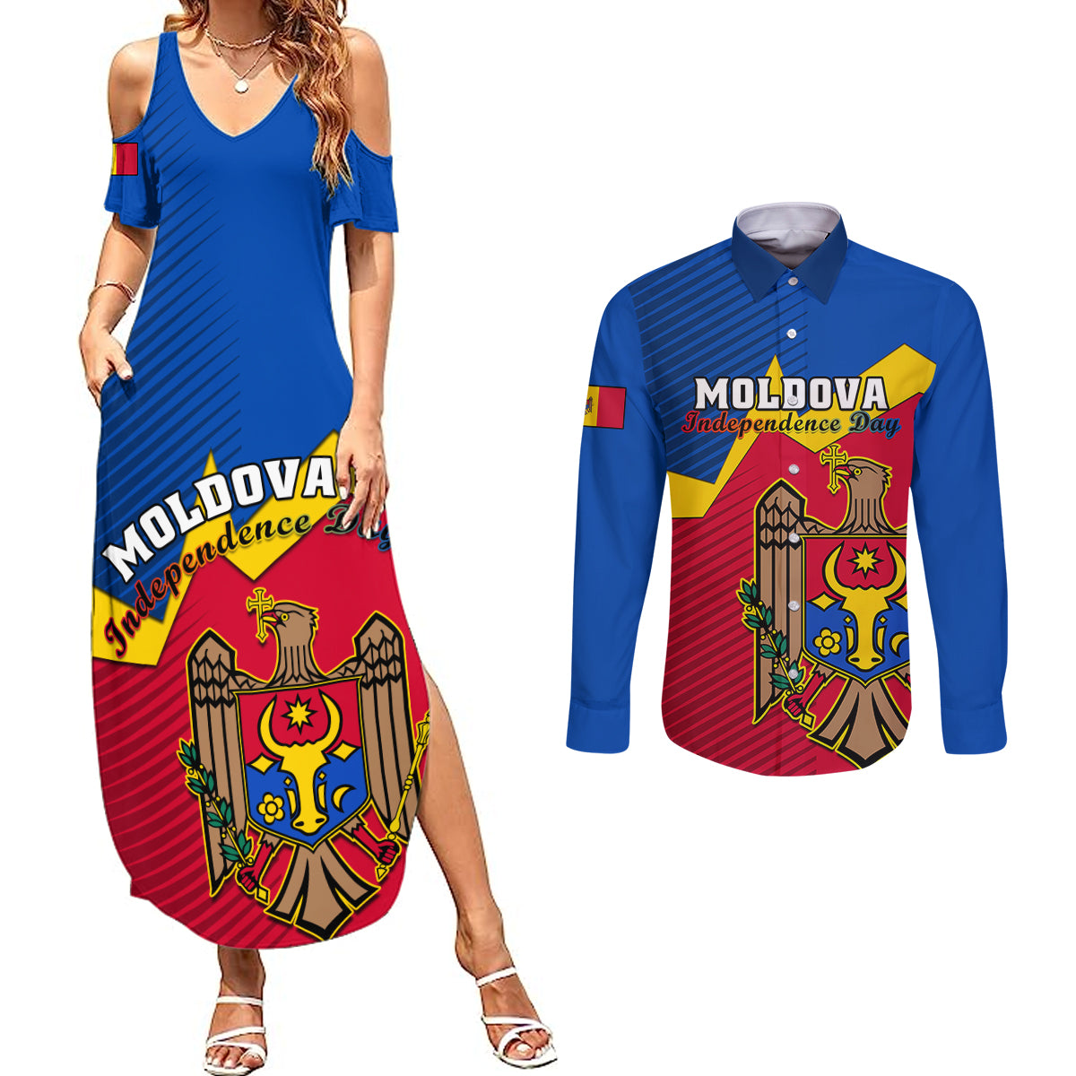 personalised-moldova-independence-day-couples-matching-summer-maxi-dress-and-long-sleeve-button-shirts-coat-of-arms-special-version