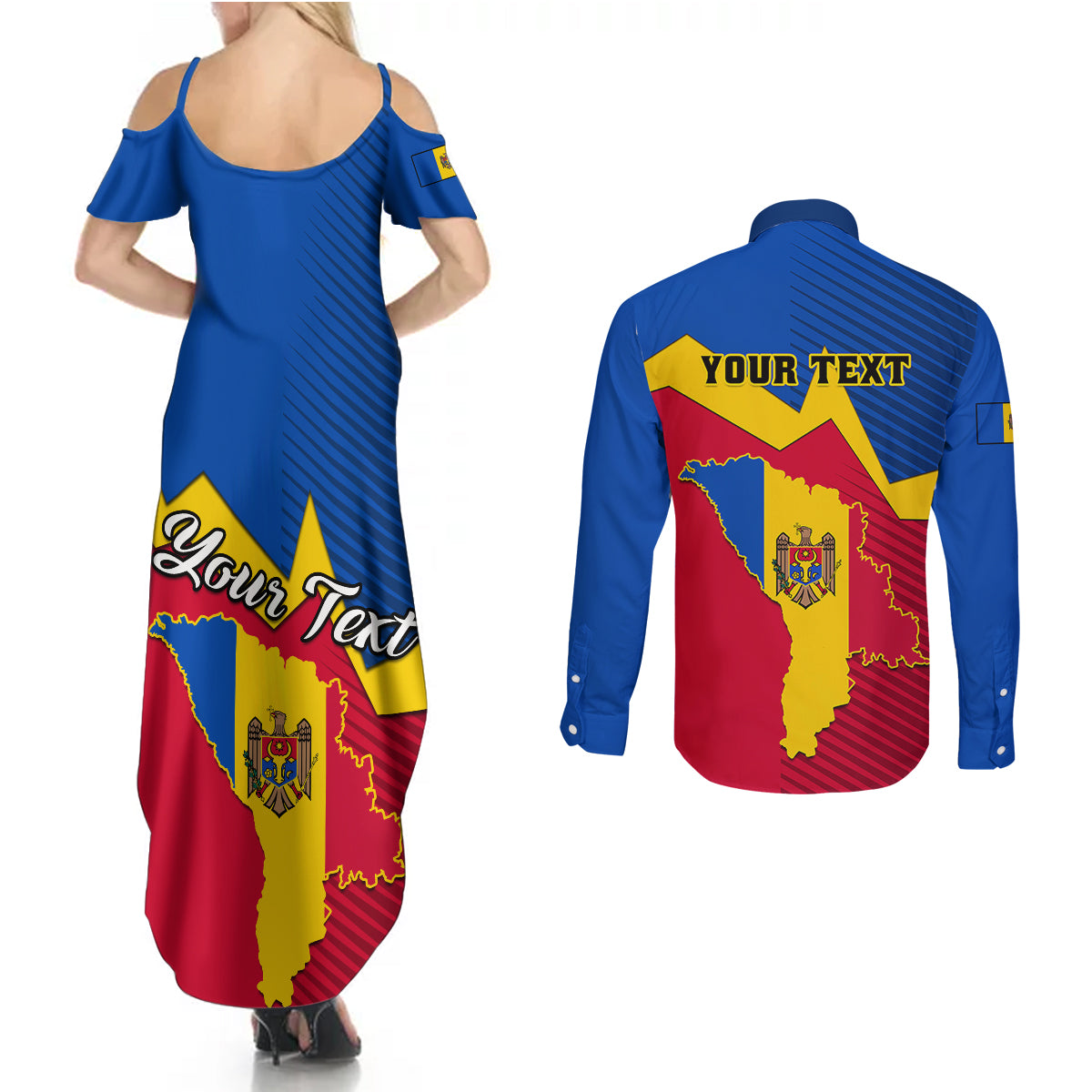 Personalised Moldova Independence Day Couples Matching Summer Maxi Dress and Long Sleeve Button Shirts Coat of Arms Special Version - Wonder Print Shop