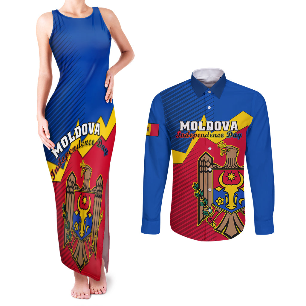 personalised-moldova-independence-day-couples-matching-tank-maxi-dress-and-long-sleeve-button-shirts-coat-of-arms-special-version