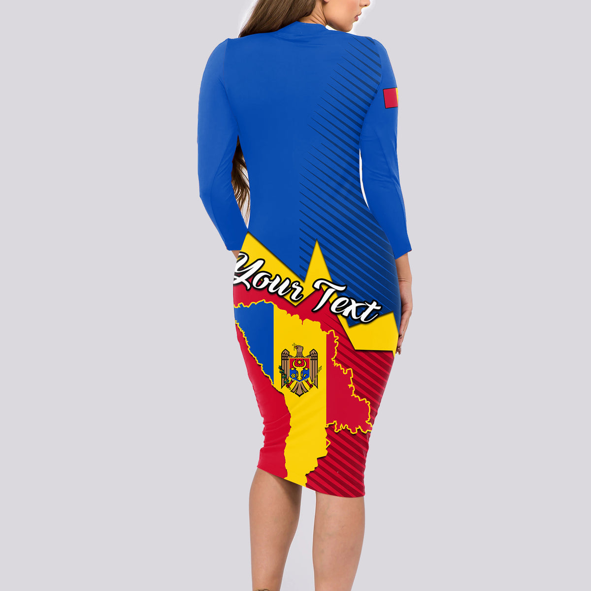 Personalised Moldova Independence Day Long Sleeve Bodycon Dress Coat of Arms Special Version - Wonder Print Shop