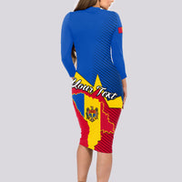Personalised Moldova Independence Day Long Sleeve Bodycon Dress Coat of Arms Special Version - Wonder Print Shop