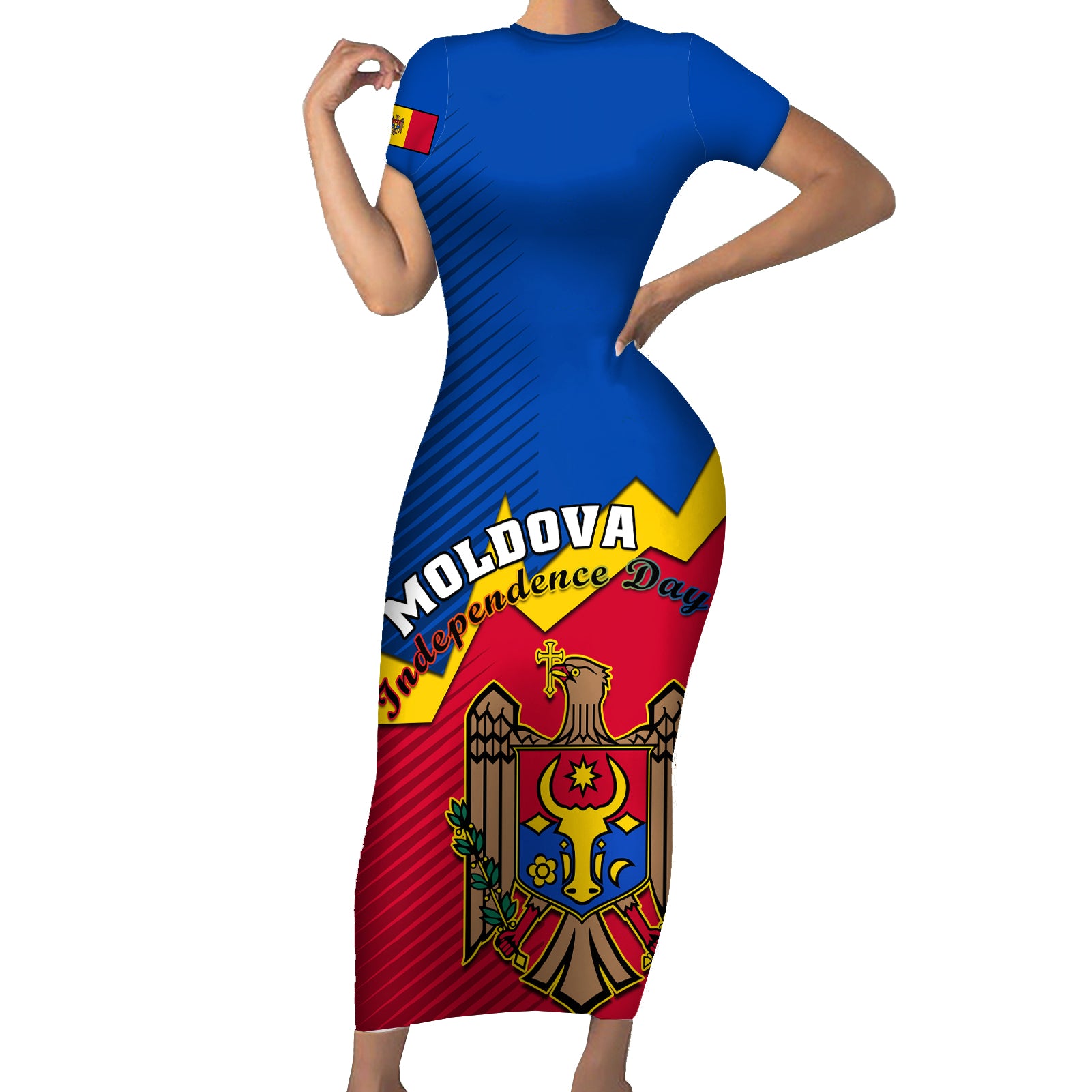 personalised-moldova-independence-day-short-sleeve-bodycon-dress-coat-of-arms-special-version