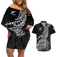 New Zealand Silver Fern Rugby Couples Matching Off Shoulder Short Dress and Hawaiian Shirt Aotearoa Kiwi Maori Black Version - Wonder Print Shop
