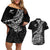 New Zealand Silver Fern Rugby Couples Matching Off Shoulder Short Dress and Hawaiian Shirt Aotearoa Kiwi Maori Black Version - Wonder Print Shop