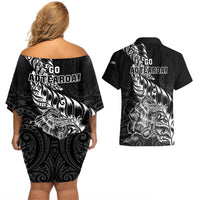New Zealand Silver Fern Rugby Couples Matching Off Shoulder Short Dress and Hawaiian Shirt Aotearoa Kiwi Maori Black Version - Wonder Print Shop