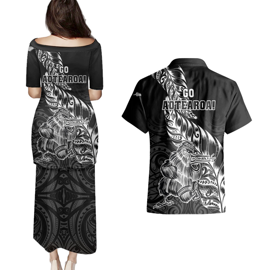 New Zealand Silver Fern Rugby Couples Matching Puletasi Dress and Hawaiian Shirt Aotearoa Kiwi Maori Black Version - Wonder Print Shop