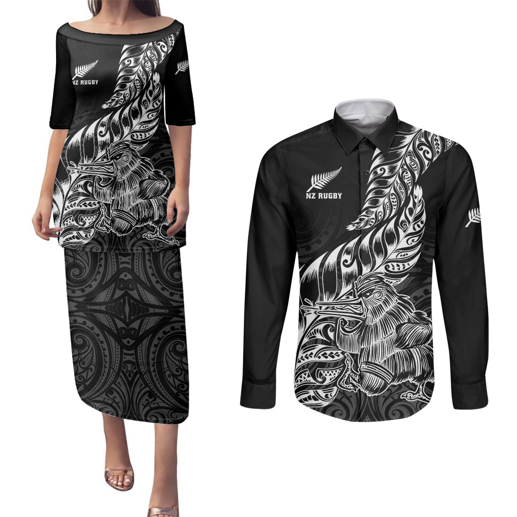 New Zealand Silver Fern Rugby Couples Matching Puletasi Dress and Long Sleeve Button Shirts Aotearoa Kiwi Maori Black Version - Wonder Print Shop