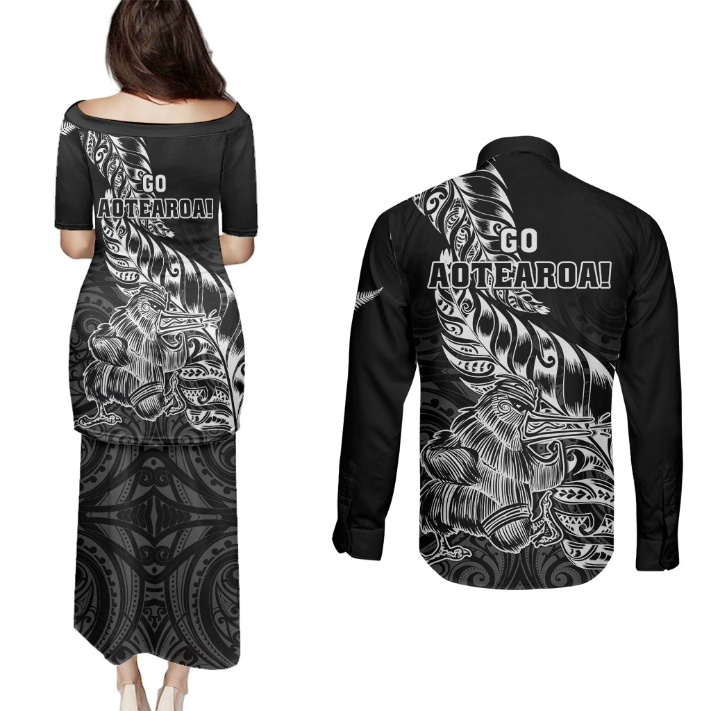 New Zealand Silver Fern Rugby Couples Matching Puletasi Dress and Long Sleeve Button Shirts Aotearoa Kiwi Maori Black Version - Wonder Print Shop
