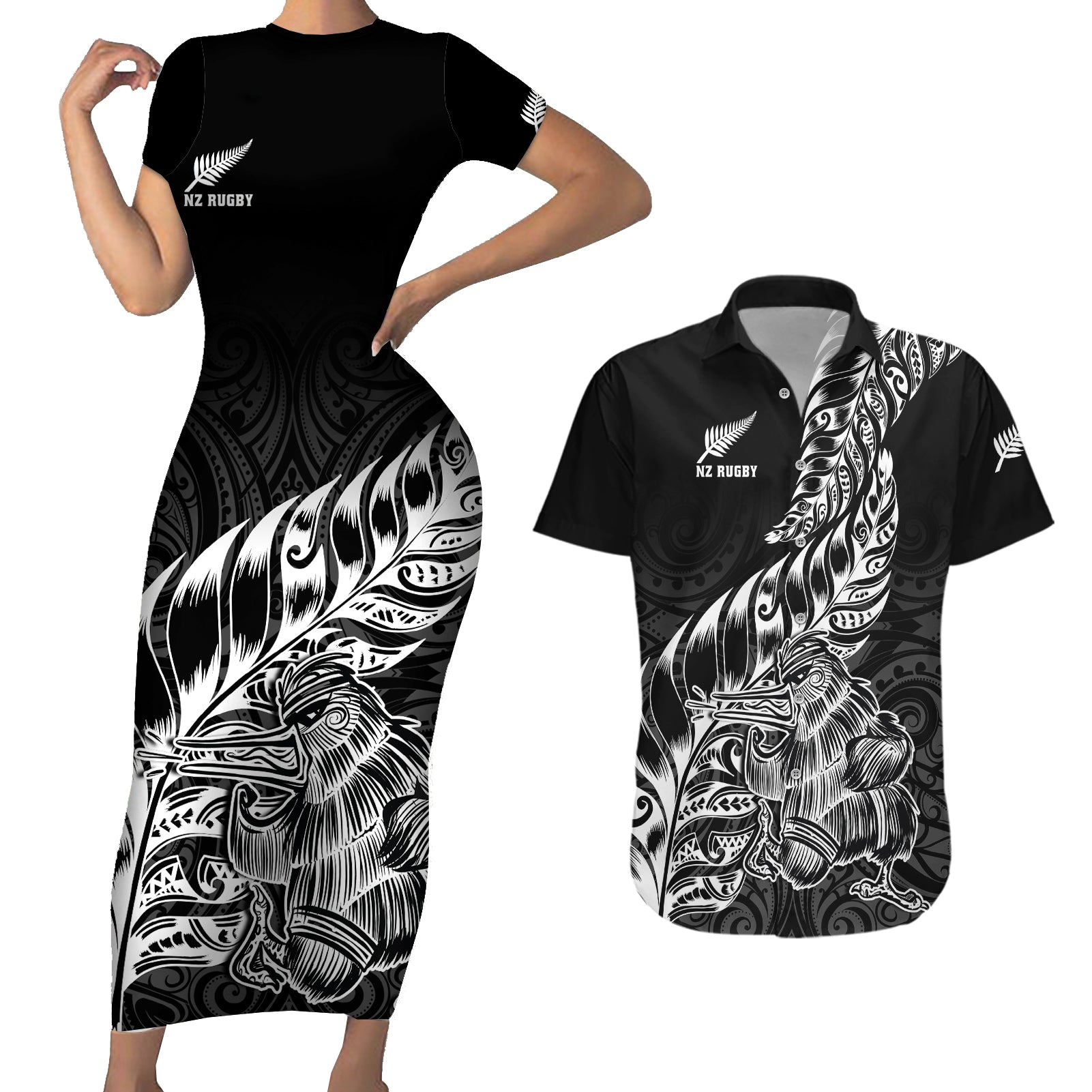 New Zealand Silver Fern Rugby Couples Matching Short Sleeve Bodycon Dress and Hawaiian Shirt Aotearoa Kiwi Maori Black Version - Wonder Print Shop