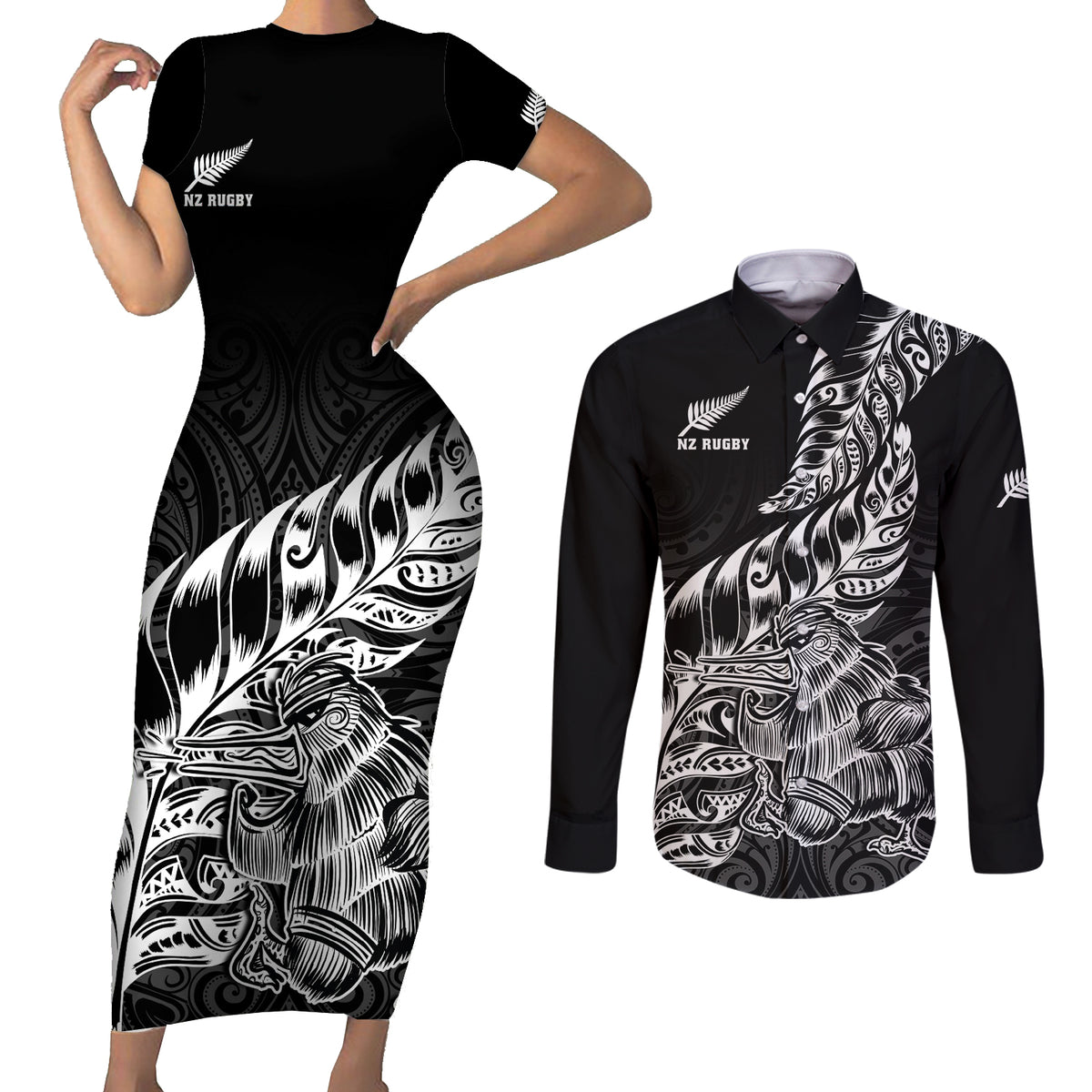 New Zealand Silver Fern Rugby Couples Matching Short Sleeve Bodycon Dress and Long Sleeve Button Shirts Aotearoa Kiwi Maori Black Version - Wonder Print Shop