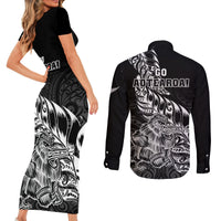 New Zealand Silver Fern Rugby Couples Matching Short Sleeve Bodycon Dress and Long Sleeve Button Shirts Aotearoa Kiwi Maori Black Version - Wonder Print Shop