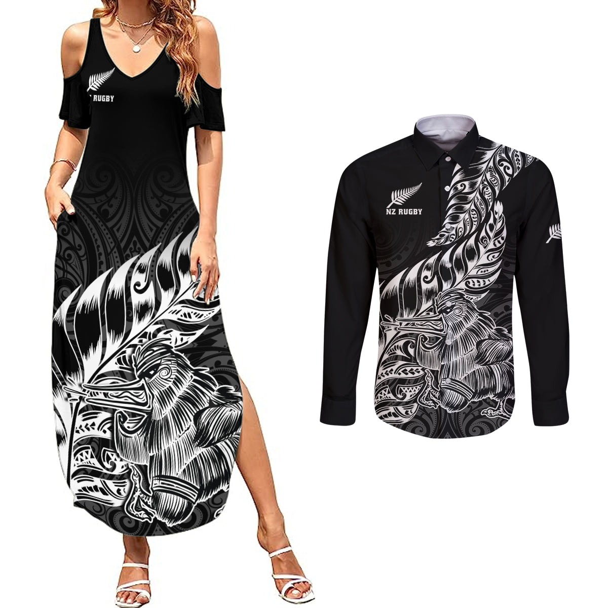 New Zealand Silver Fern Rugby Couples Matching Summer Maxi Dress and Long Sleeve Button Shirts Aotearoa Kiwi Maori Black Version - Wonder Print Shop