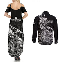 New Zealand Silver Fern Rugby Couples Matching Summer Maxi Dress and Long Sleeve Button Shirts Aotearoa Kiwi Maori Black Version - Wonder Print Shop
