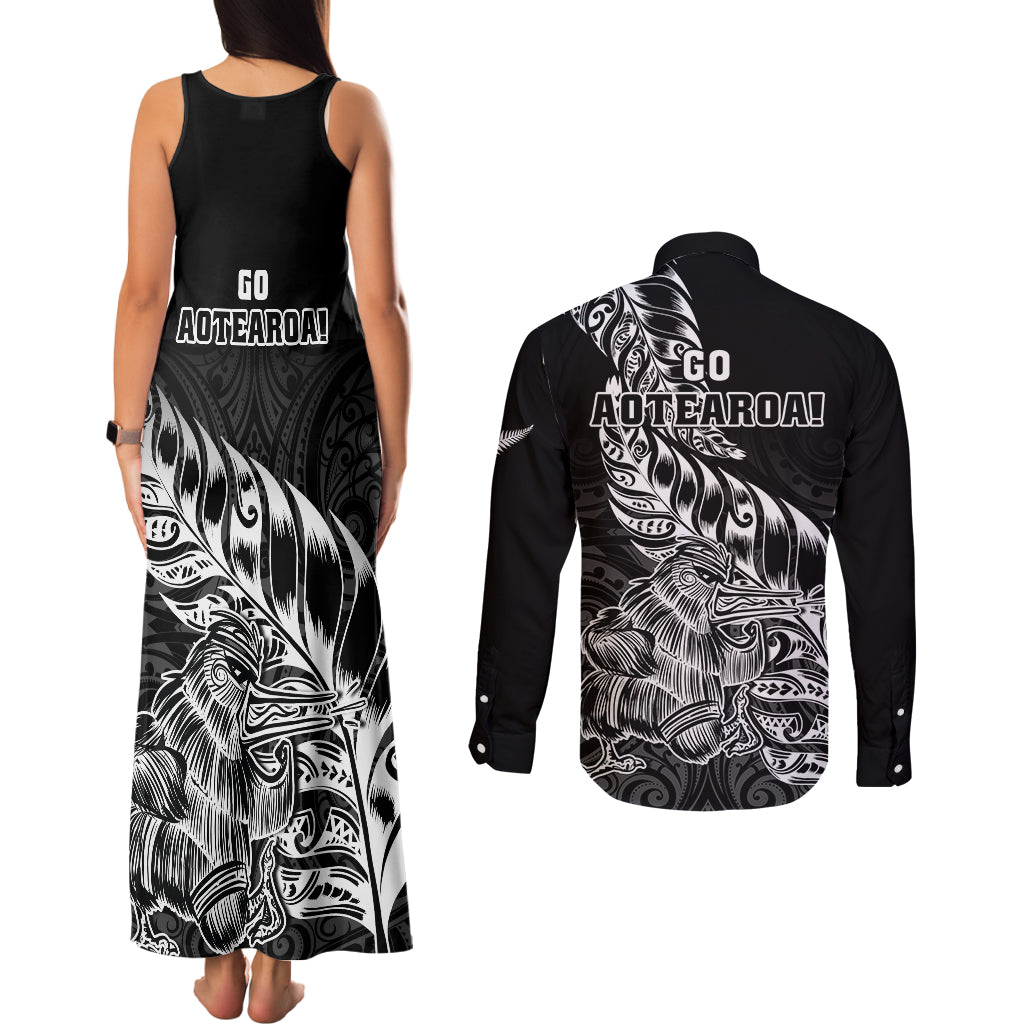 New Zealand Silver Fern Rugby Couples Matching Tank Maxi Dress and Long Sleeve Button Shirts Aotearoa Kiwi Maori Black Version - Wonder Print Shop