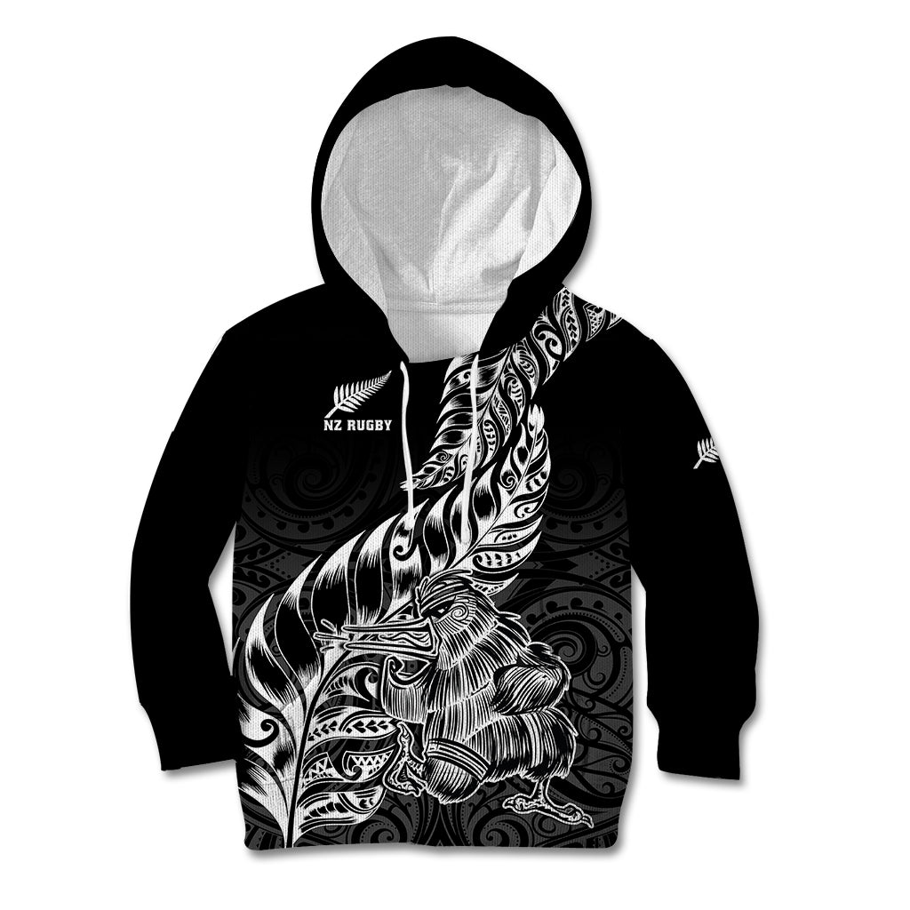 New Zealand Silver Fern Rugby Kid Hoodie Aotearoa Kiwi Maori Black Version - Wonder Print Shop