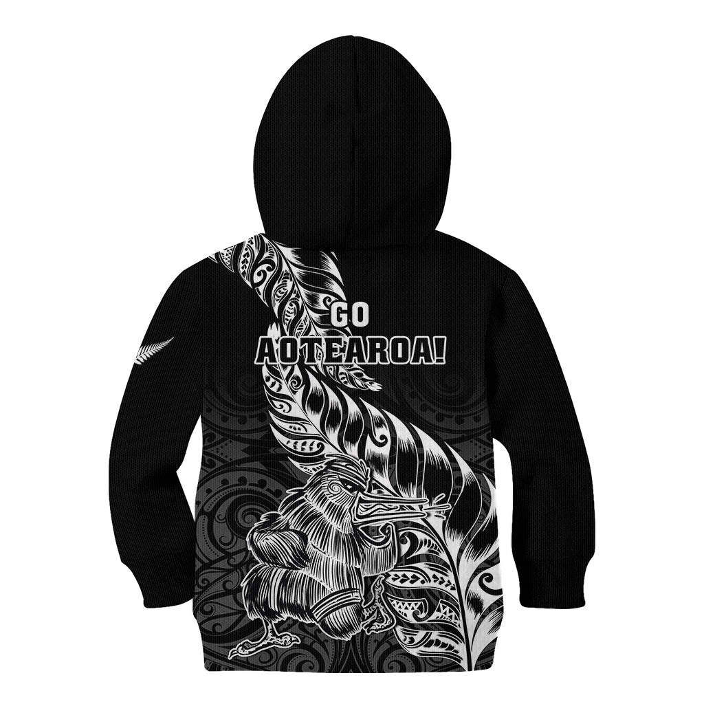 New Zealand Silver Fern Rugby Kid Hoodie Aotearoa Kiwi Maori Black Version - Wonder Print Shop