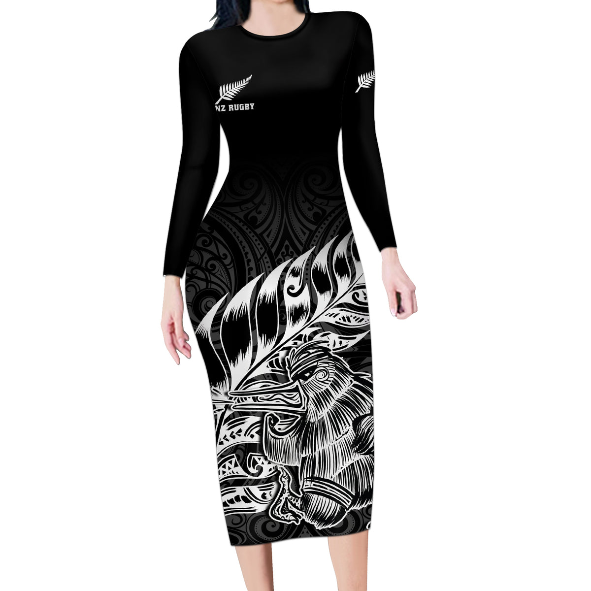 New Zealand Silver Fern Rugby Long Sleeve Bodycon Dress Aotearoa Kiwi Maori Black Version - Wonder Print Shop