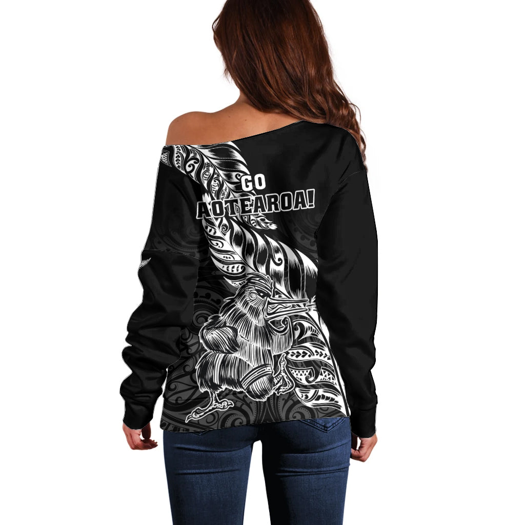 New Zealand Silver Fern Rugby Off Shoulder Sweater Aotearoa Kiwi Maori Black Version - Wonder Print Shop