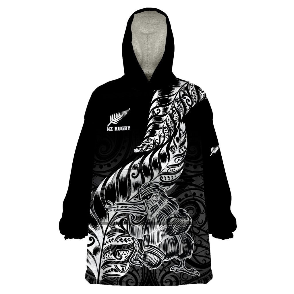 New Zealand Silver Fern Rugby Wearable Blanket Hoodie Aotearoa Kiwi Maori Black Version - Wonder Print Shop