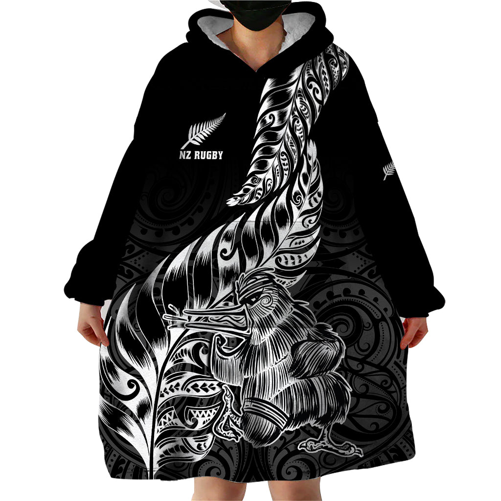New Zealand Silver Fern Rugby Wearable Blanket Hoodie Aotearoa Kiwi Maori Black Version - Wonder Print Shop