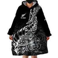 New Zealand Silver Fern Rugby Wearable Blanket Hoodie Aotearoa Kiwi Maori Black Version - Wonder Print Shop