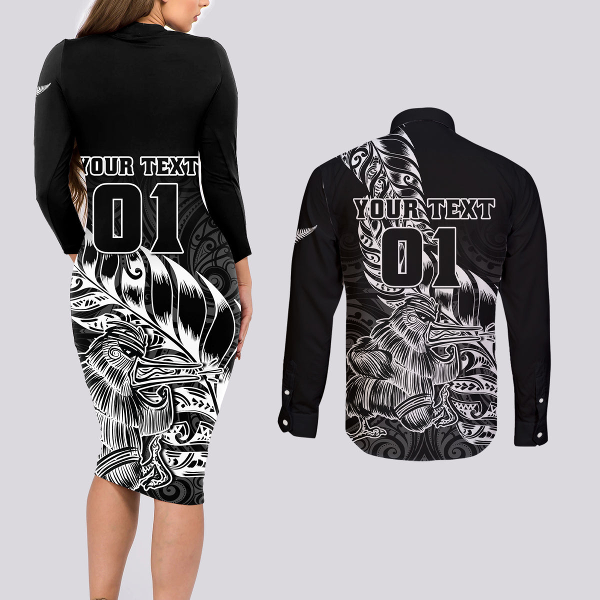 Custom New Zealand Silver Fern Rugby Couples Matching Long Sleeve Bodycon Dress and Long Sleeve Button Shirts Aotearoa Kiwi Maori Black Version - Wonder Print Shop