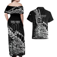 Custom New Zealand Silver Fern Rugby Couples Matching Off Shoulder Maxi Dress and Hawaiian Shirt Aotearoa Kiwi Maori Black Version - Wonder Print Shop