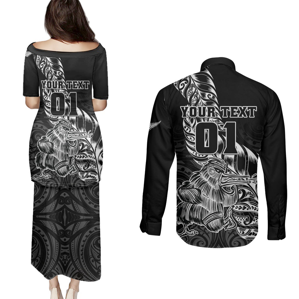 Custom New Zealand Silver Fern Rugby Couples Matching Puletasi Dress and Long Sleeve Button Shirts Aotearoa Kiwi Maori Black Version - Wonder Print Shop