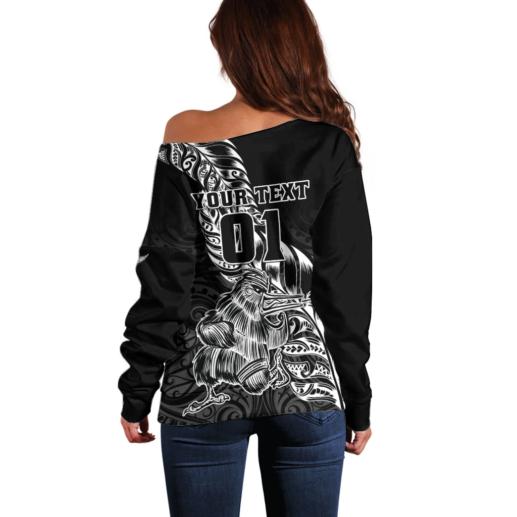 Custom New Zealand Silver Fern Rugby Off Shoulder Sweater Aotearoa Kiwi Maori Black Version - Wonder Print Shop