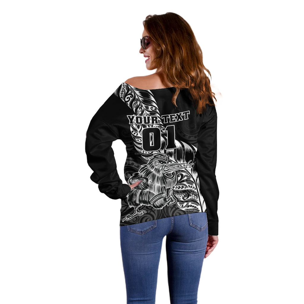 Custom New Zealand Silver Fern Rugby Off Shoulder Sweater Aotearoa Kiwi Maori Black Version - Wonder Print Shop