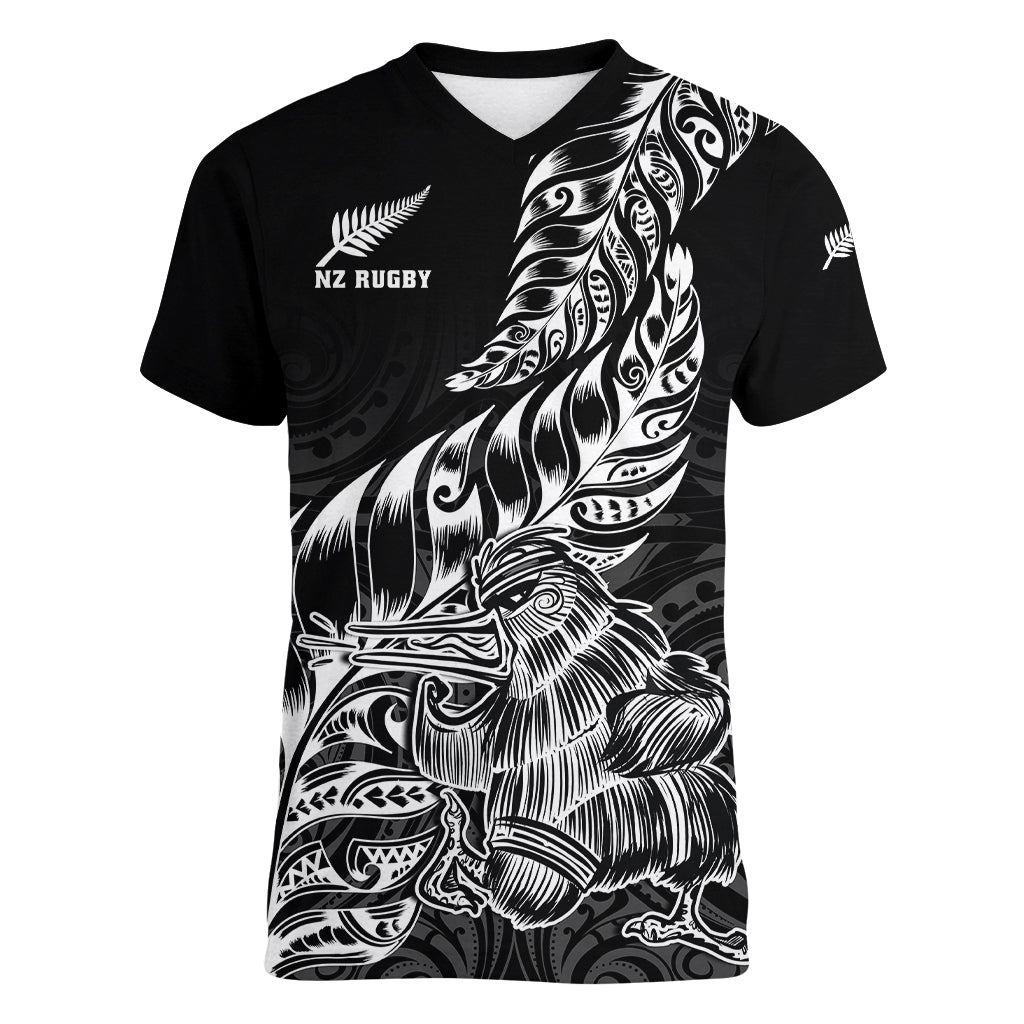Custom New Zealand Silver Fern Rugby Women V Neck T Shirt Aotearoa Kiwi Maori Black Version - Wonder Print Shop