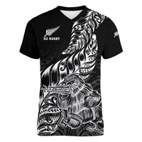Custom New Zealand Silver Fern Rugby Women V Neck T Shirt Aotearoa Kiwi Maori Black Version - Wonder Print Shop
