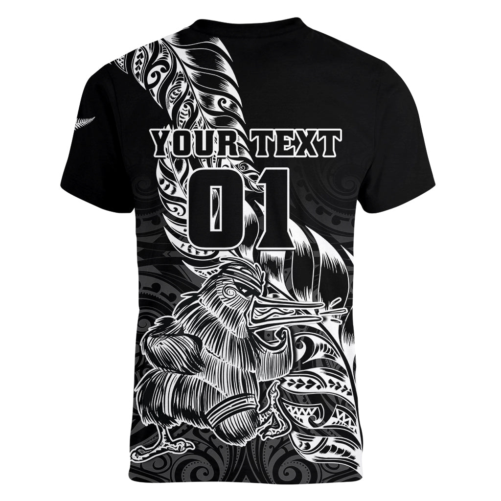 Custom New Zealand Silver Fern Rugby Women V Neck T Shirt Aotearoa Kiwi Maori Black Version - Wonder Print Shop