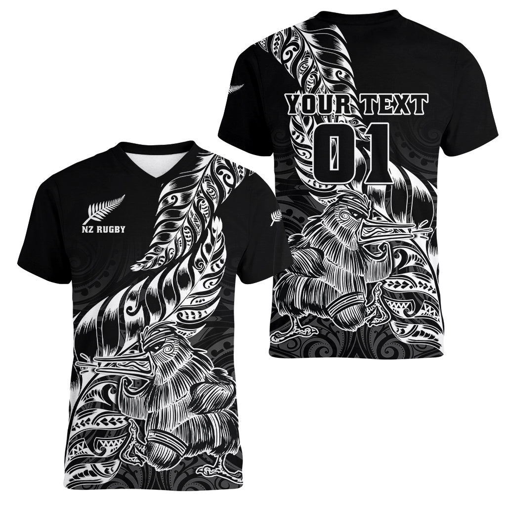 Custom New Zealand Silver Fern Rugby Women V Neck T Shirt Aotearoa Kiwi Maori Black Version - Wonder Print Shop