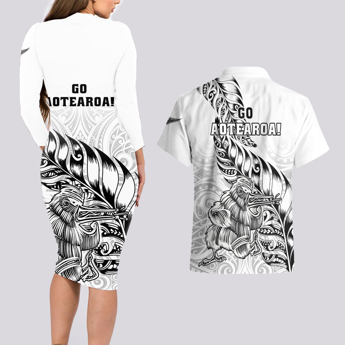 New Zealand Silver Fern Rugby Couples Matching Long Sleeve Bodycon Dress and Hawaiian Shirt Aotearoa Kiwi Maori White Version - Wonder Print Shop