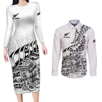 New Zealand Silver Fern Rugby Couples Matching Long Sleeve Bodycon Dress and Long Sleeve Button Shirts Aotearoa Kiwi Maori White Version - Wonder Print Shop