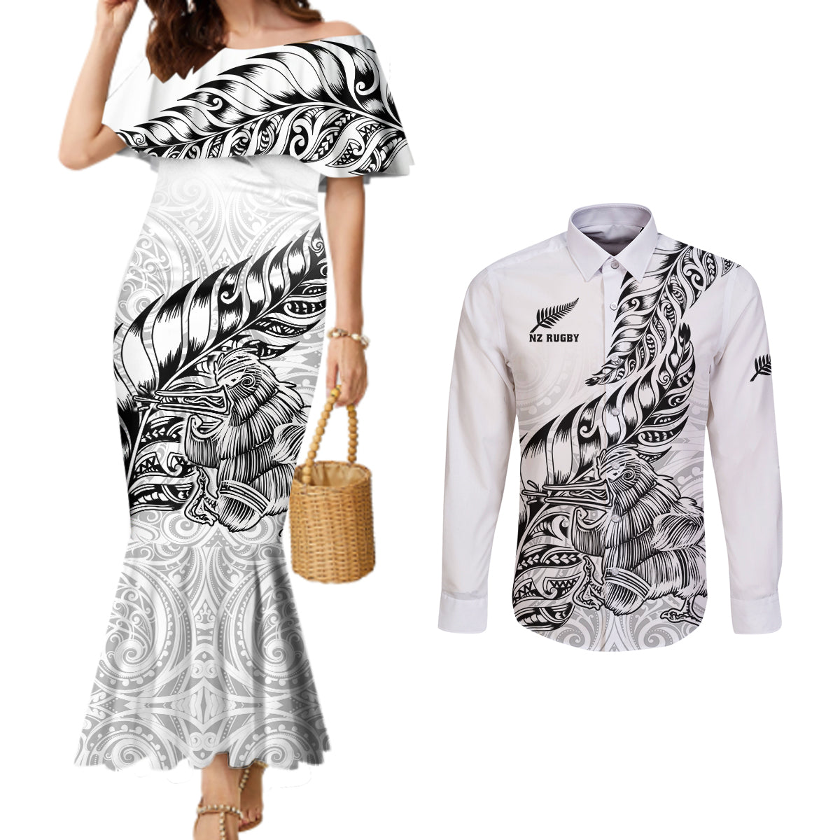 new-zealand-silver-fern-rugby-couples-matching-mermaid-dress-and-long-sleeve-button-shirts-aotearoa-kiwi-maori-white-version