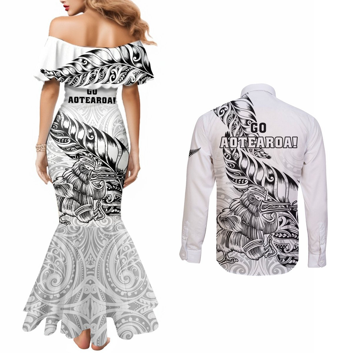 new-zealand-silver-fern-rugby-couples-matching-mermaid-dress-and-long-sleeve-button-shirts-aotearoa-kiwi-maori-white-version