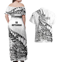New Zealand Silver Fern Rugby Couples Matching Off Shoulder Maxi Dress and Hawaiian Shirt Aotearoa Kiwi Maori White Version - Wonder Print Shop