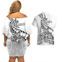 New Zealand Silver Fern Rugby Couples Matching Off Shoulder Short Dress and Hawaiian Shirt Aotearoa Kiwi Maori White Version - Wonder Print Shop
